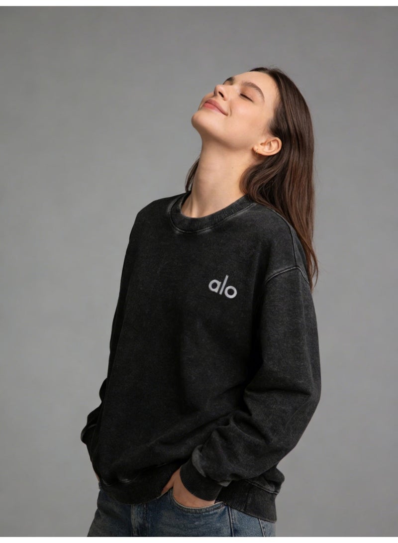 Alo Yoga Alo Washed Black Crewneck Sweatshirt - Unisex Oversized Fit, Soft Breathable Cotton Fabric, Minimalist  Logo, Popular Youth Sport  Casual Top (Saudi) - Image 3